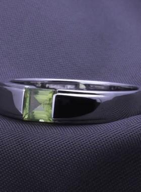 男纯银时尚天然橄榄石戒指高级感