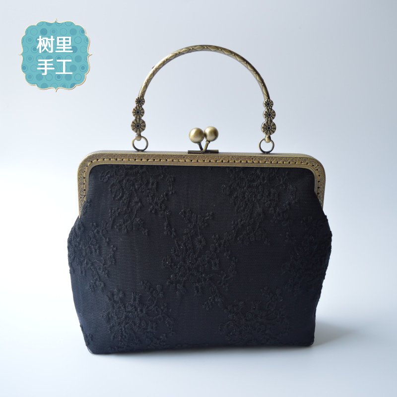 復古文藝手提斜挎兩用包女士旗袍包包女款手包刺繡蕾絲棉麻口金包