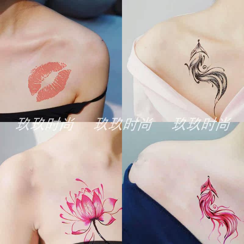 一份30张九尾狐狸黑红狐狸红嘴唇口红唇印荷花红莲花彼岸花纹身贴