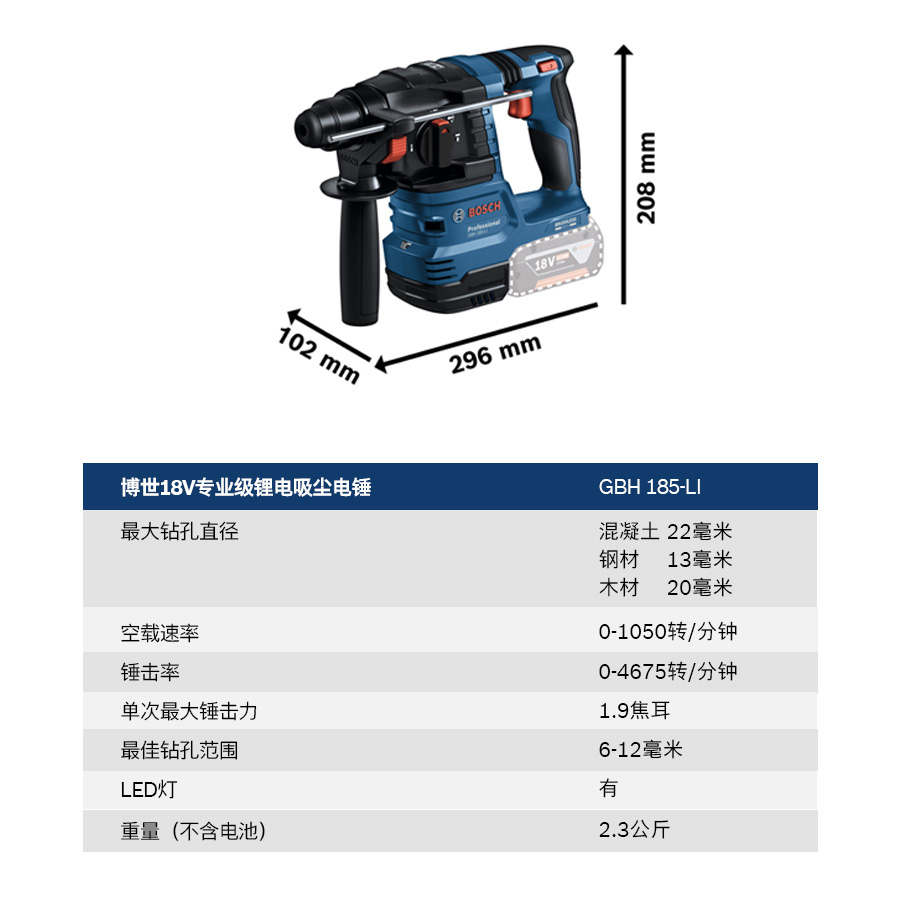 博世Bosch充电式无刷四坑电锤电镐冲击钻多功能电动工具GBH185-LI