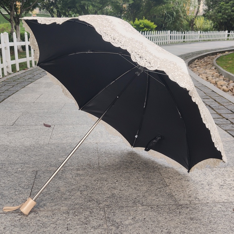 米色女神蕾丝太阳伞防紫外线防晒二折刺绣花黑胶古典奢华晴雨伞 - 图2