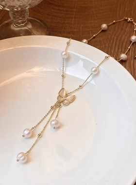 淡水珍珠蝴蝶贝母项链2025新款爆款颈链毛衣链轻奢高级感锁骨链