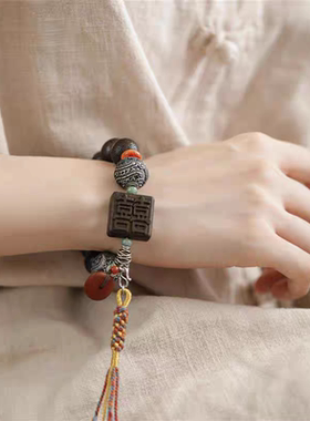 纯银老料蜜蜡流苏复古中筒风高级大气手链女手串