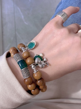 桃木双层多圈纯银绿玛瑙小象女闺蜜手链元宝弯管生日礼物饰品