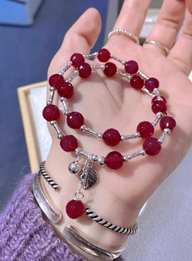 新中式玛瑙纯银多层两圈牌手链女轻奢小众本命年红2026年新款