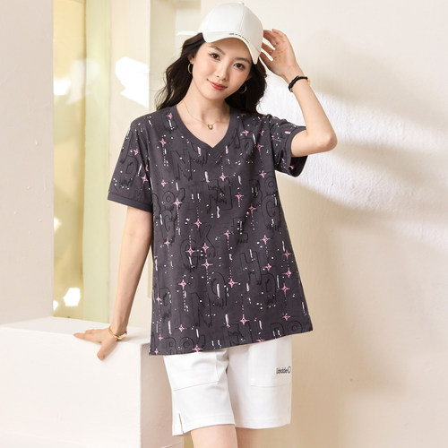 特大码女装夏装200斤胖妹妹时尚休闲上衣胖mm遮肉显瘦短袖T恤衫 - 图1