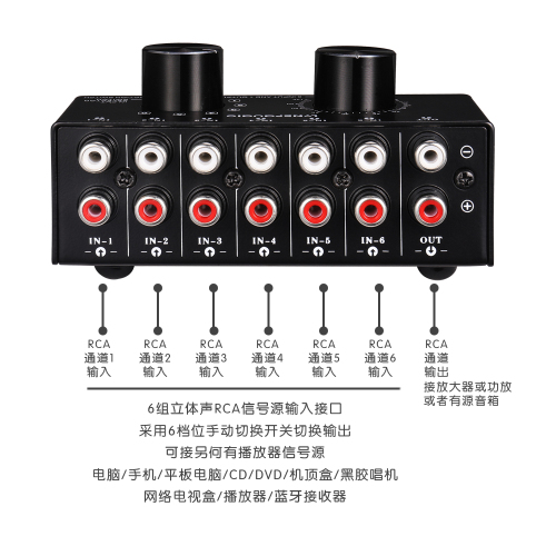 6进1出音源信号选择切换器耳机音箱切换输出音量调节无损耗