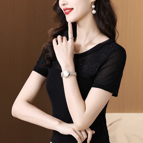 黑色网纱打底衫女2026新款春夏洋气短袖t恤修身女士内搭蕾丝上衣 - 图0
