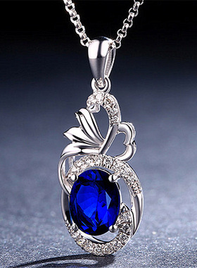 韩版天然皇家蓝宝石吊坠 镀18K彩宝爱心枝叶吊坠项链镶嵌锆石