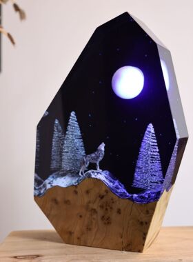 欧美小夜灯圣诞狼森林系列树脂工艺品摆件树脂灯生日礼物家居装饰