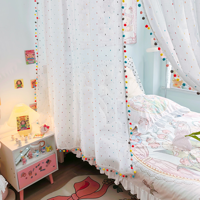 卧室卫生间门对床隔断帘彩色毛球花边布艺窗帘少女门帘试衣间帘子 - 图0