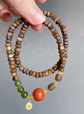 沉香手串白香木双圈小米珠手链莲花转运珠女新中式叠戴金莲