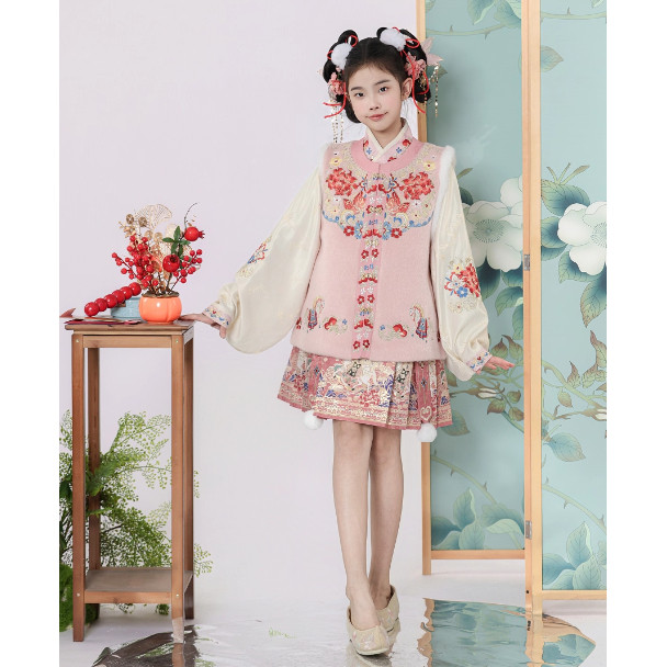 茉胭马上有钱花冬女童中国风汉服重工红色拜年服明制马面裙套装,淘宝优惠券,粉丝福利购,淘宝优惠卷