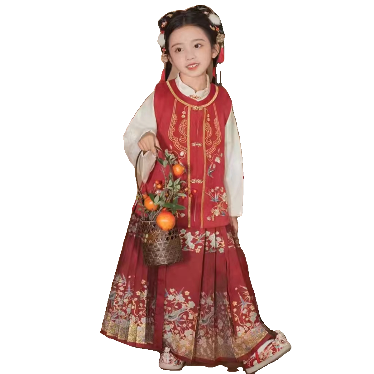 茉胭登鹊枝女童冬季新款中国风比甲马面裙套装古风汉服喜庆裙子红,淘宝优惠券,粉丝福利购,淘宝优惠卷