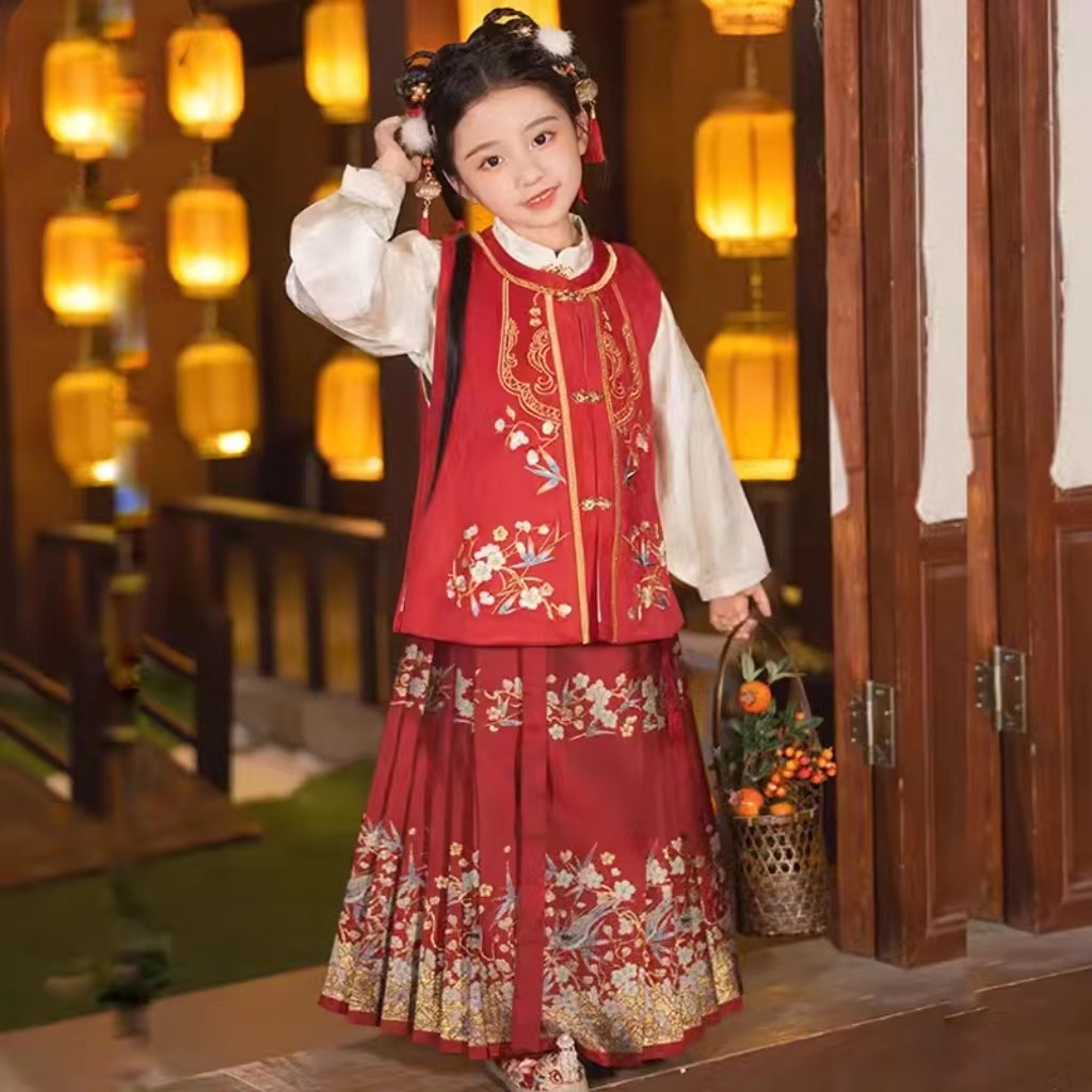 茉胭登鹊枝女童冬季新款中国风比甲马面裙套装古风汉服喜庆裙子红,淘宝优惠券,粉丝福利购,淘宝优惠卷