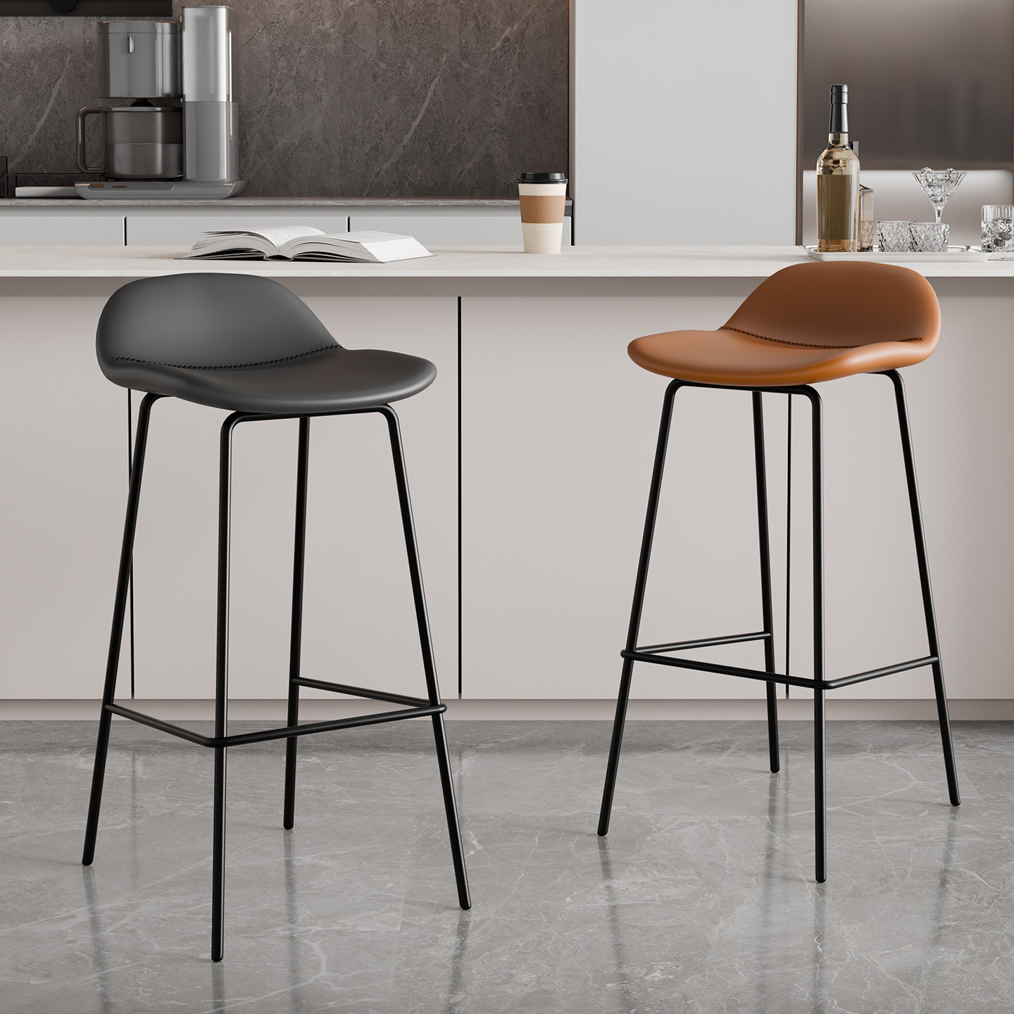 轻奢高级家用椅简约创意靠背椅子现代简约前台休闲皮革铁艺高脚凳,淘宝优惠券,粉丝福利购,淘宝优惠卷