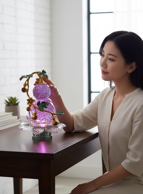 水晶葫芦装饰摆件家居客厅工艺品紫色金边叶子造型礼物