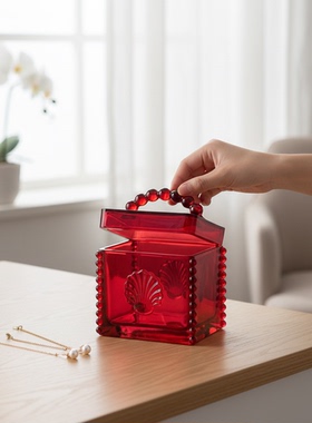 复古红色首饰水晶玻璃家用收纳盒