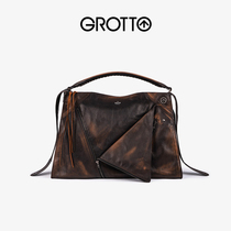 GROTTO MUSIC NEW COLLAR PACK GENUINE LEATHER RETRO LARGE CAPACITY COMMUTE HAND SINGLE SHOULDER SLOPED SATCHEL BAG