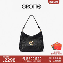 GROTTO LE BLACKSTONE HIOBO SMALL NUMBER Planted Tannic Goat Leather Commuter Single Shoulder Diagonal Satchel Soft Bag for New Years Gift