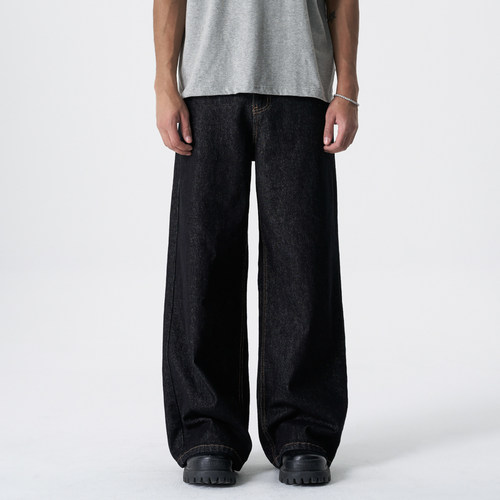 新因素美式cleanfit黑窄幅赤耳原牛覆古阔腿直筒A字宽松牛仔裤男 - 图3