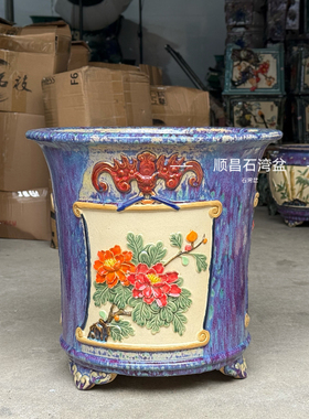 石湾盆陶瓷高温烧制大口径高圆形花盆手工贴花