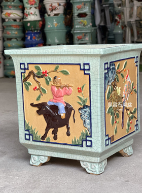 顺昌石湾花盆纯手工制作冰裂四方兰花盆盆景盆四面贴花蝴蝶兰
