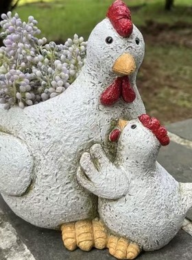 创意树脂庭院母鸡小鸡雕像摆件家