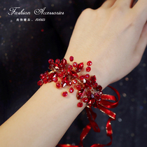 Original retro Chinese bridal bride wrist flower bridesmaid red water drill upscale wedding bracelet Luxurious Gown Accessories