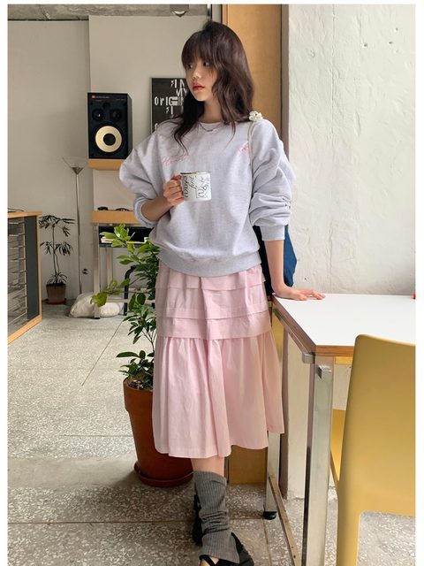 PPSHD skirt for women spring, autumn and summer 2024 new high-waisted a-line slimming mid-length petite fluffy cake skirt