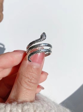高级感轻奢素圈蛇形戒指女小众设计食指环开口可调节时尚个性