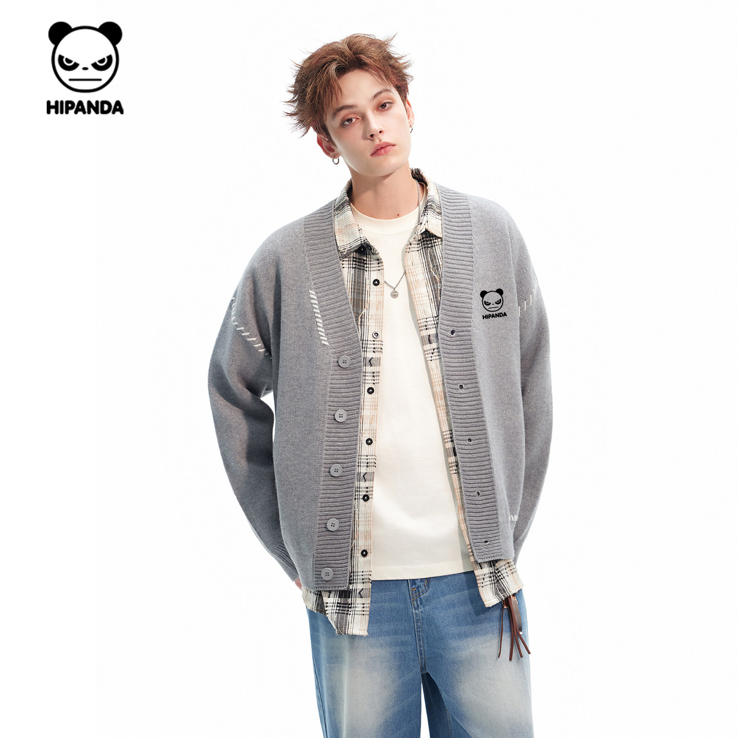 Hipanda你好熊猫时髦复古撞色拼接日系针织衫男2025冬季新款毛衣C,淘宝优惠券,粉丝福利购,淘宝优惠卷