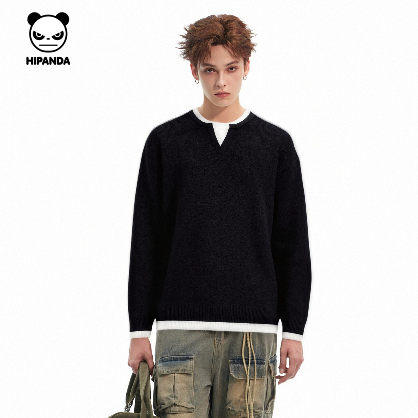 Hipanda你好熊猫美式潮牌假两件V领套头毛衣2025秋冬新款针织衫男,淘宝优惠券,粉丝福利购,淘宝优惠卷