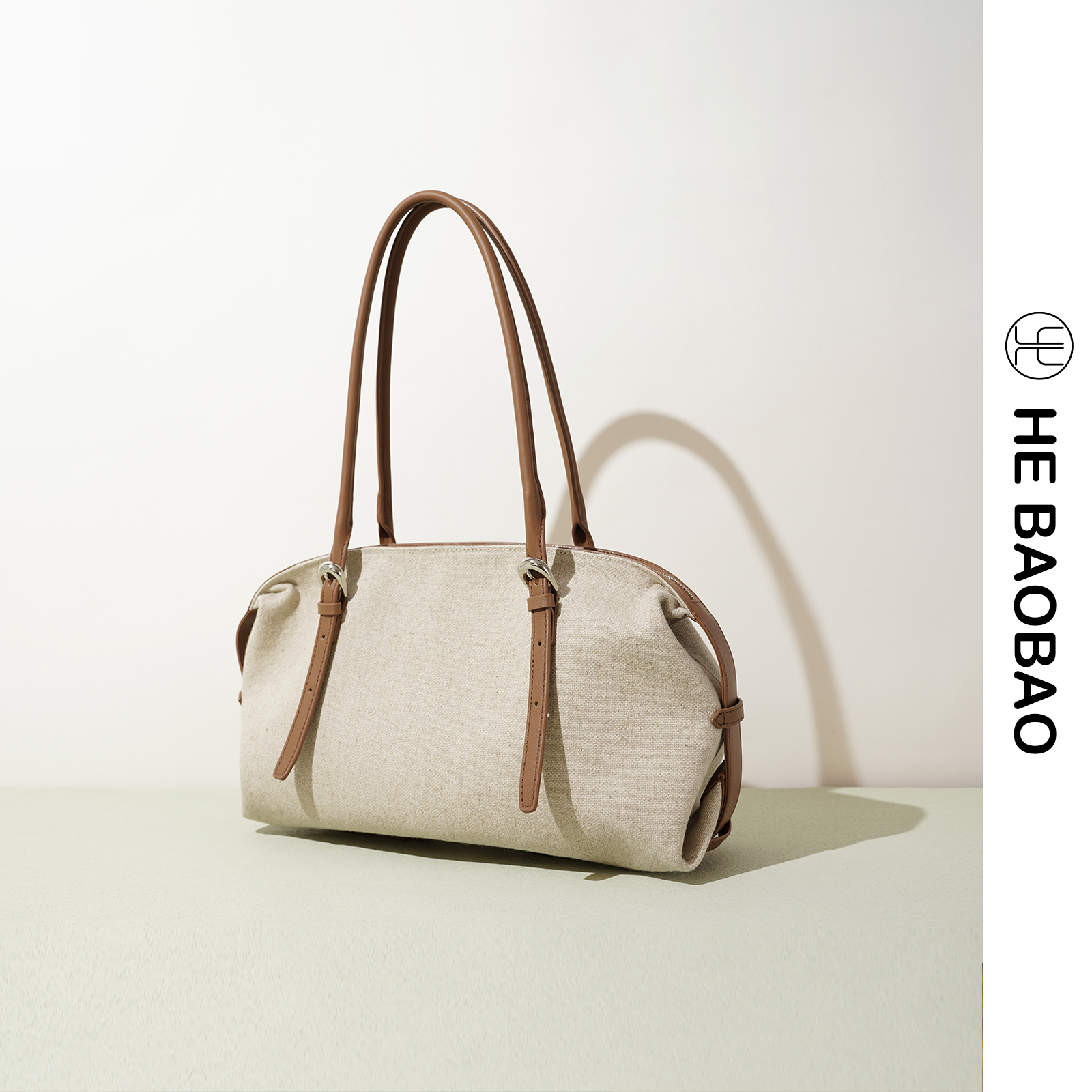 HE BAOBAO新品牛皮拼亚麻布托特包斜挎枕头女包大容量通勤单肩包,淘宝优惠券,粉丝福利购,淘宝优惠卷