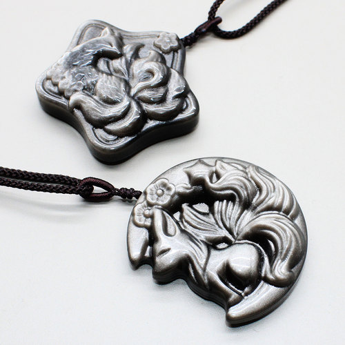 如鸿天然黑曜石原石吊坠九尾狐水晶狐狸星星月亮形男女款饰品挂件 - 图3