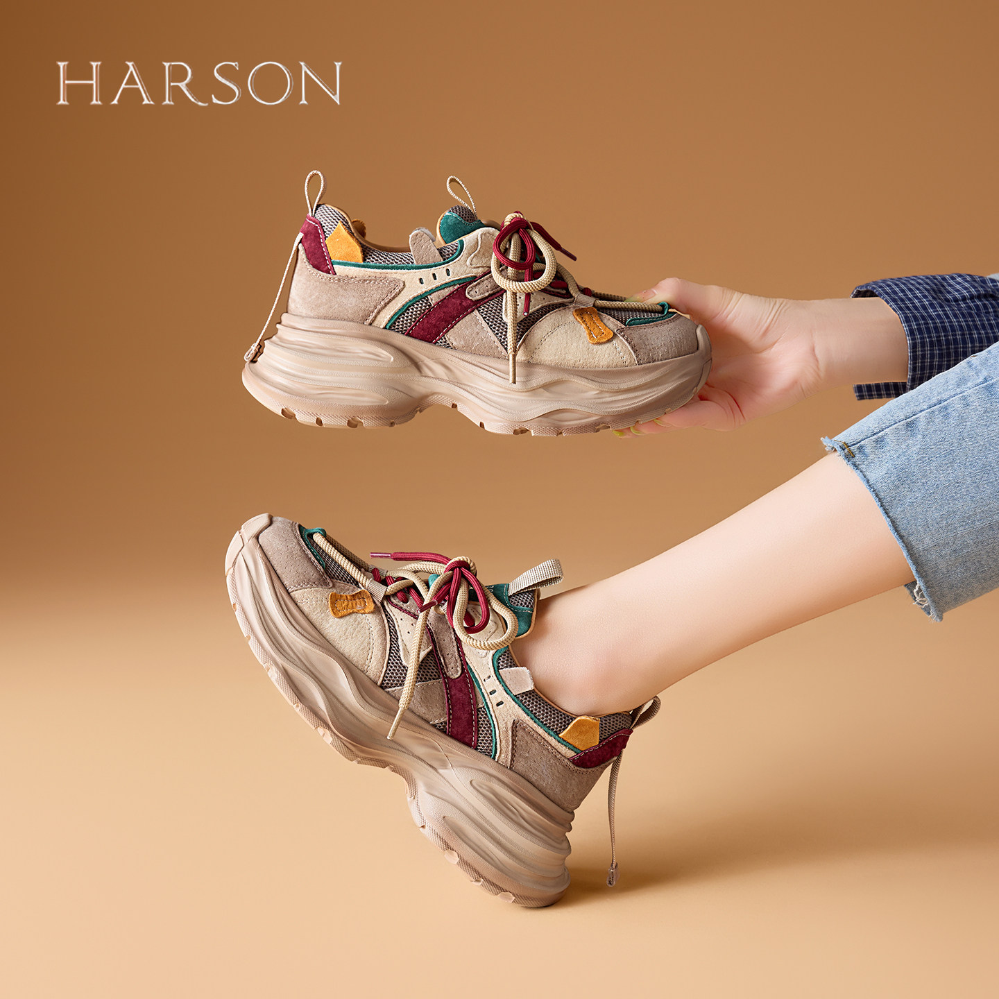 哈森增高6cm厚底增高复古老爹鞋女鞋子2025秋季新款休闲运动鞋,淘宝优惠券,粉丝福利购,淘宝优惠卷