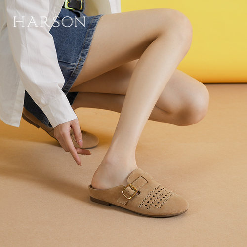 哈森真皮包头镂空半拖鞋女2026新款秋季外穿勃肯拖鞋HM261401 - 图1