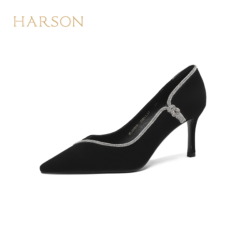 哈森春季新款羊反绒高跟鞋大牌高级感细跟单鞋宴会鞋HL236006