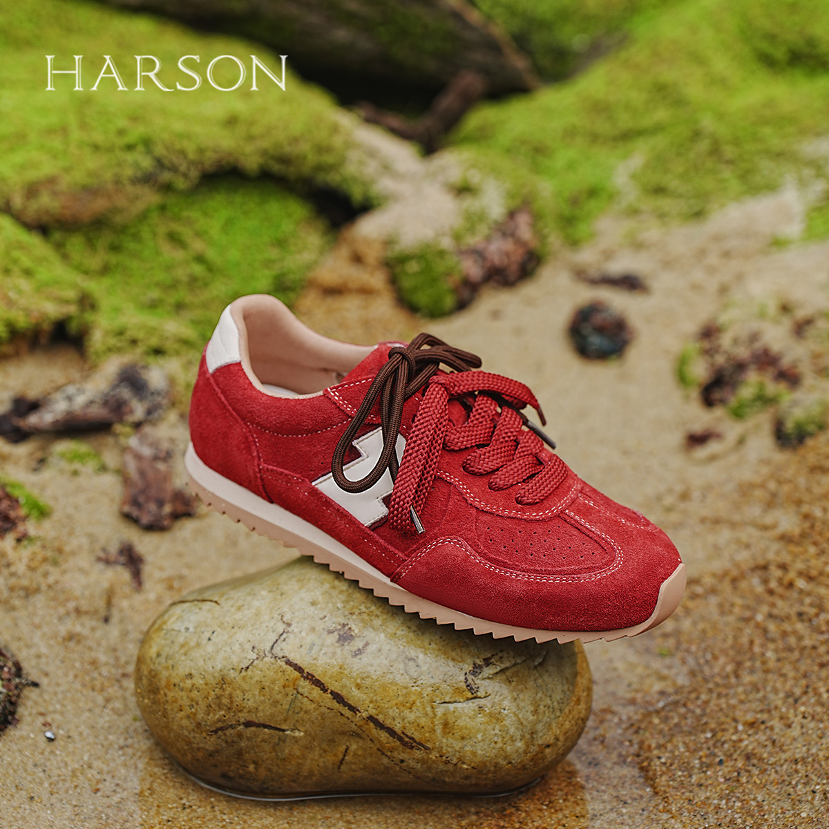 哈森红色德训鞋女款2025新款夏季平底蝴蝶结薄款复古休闲运动女鞋,淘宝优惠券,粉丝福利购,淘宝优惠卷