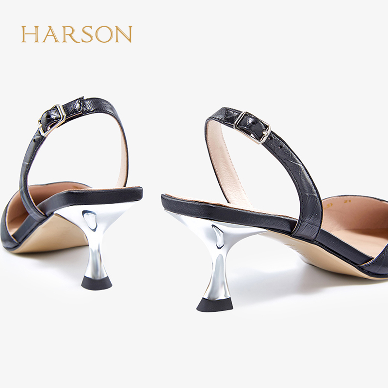 哈森包头凉鞋女夏季新款优雅通勤尖头羊皮革软面细跟凉鞋 HM16505-图2