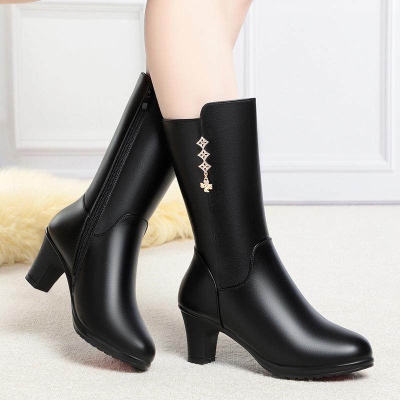 欧洲站中年妈妈马靴女2024新款秋冬加绒中靴软皮保暖棉靴中老年中,淘宝优惠券,粉丝福利购,淘宝优惠卷