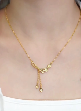 小如马蹄莲长款流苏仿黄金色项链甜美蝴蝶结轻奢高级感灵动锁骨链