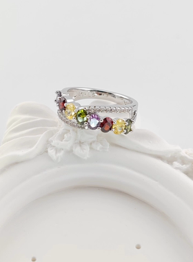 旭平彩宝系列法式风镶嵌人造石双排交叉戒指时尚高级感气质食指戒