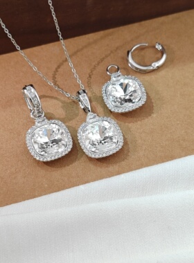 旭平仿水晶肥方耳饰项链两件套项链约42+5cm