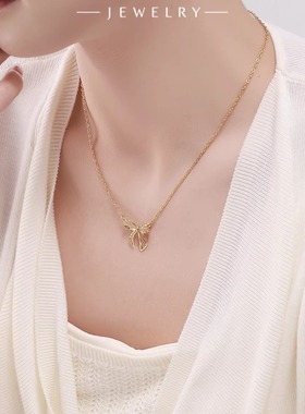 旭平仿黄金色镂空丝带蝴蝶结项链甜美复古锁骨链圣诞礼物送女友