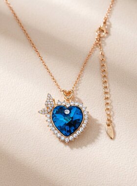 旭平经典海洋之心爱心仿水晶包边项链轻奢高级感气质大气款