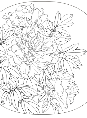 工笔画打印白描底稿郑玲玲圆形牡丹花鸟团扇有步骤初学者临摹稿