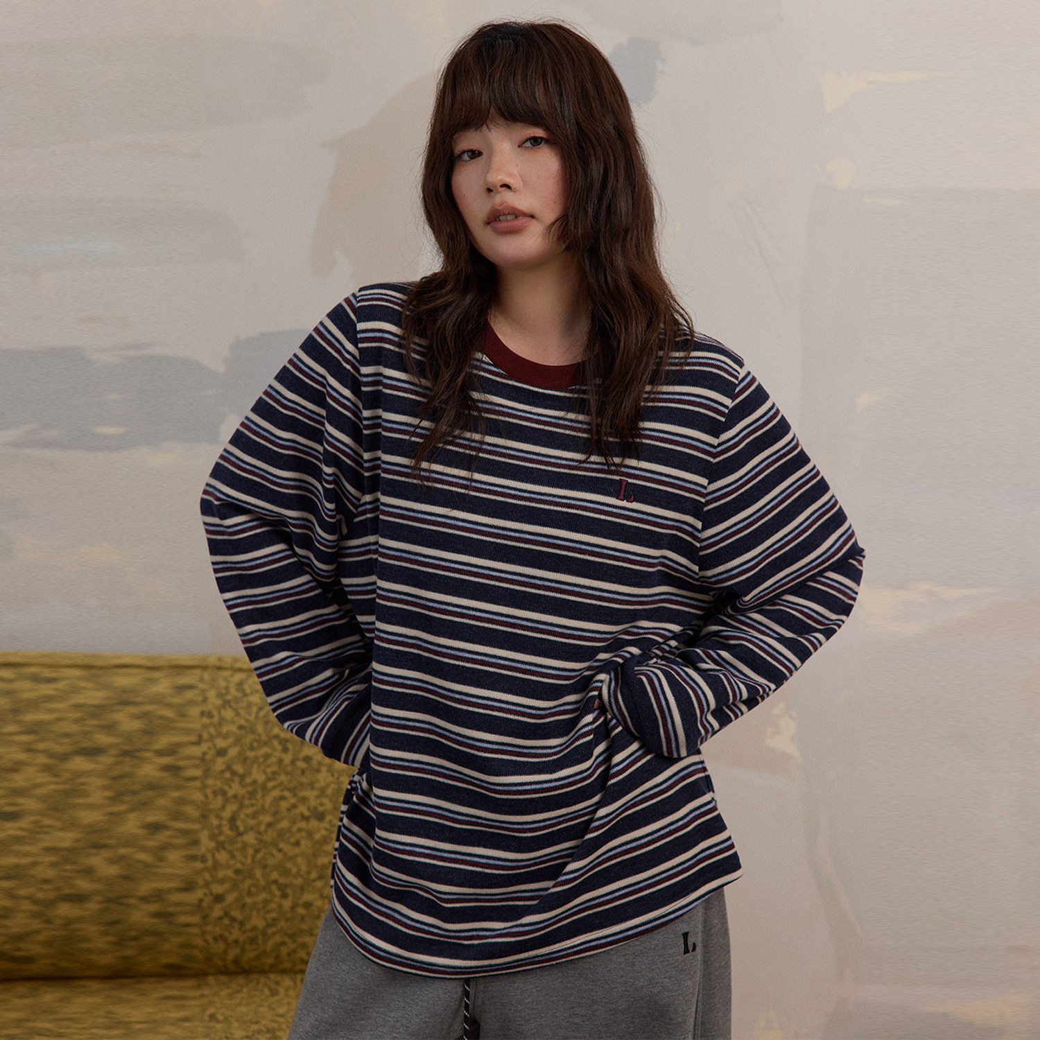 蕾蕾【百穿不厌！】韩版领口撞色圆领宽松条纹T恤上衣,淘宝优惠券,粉丝福利购,淘宝优惠卷