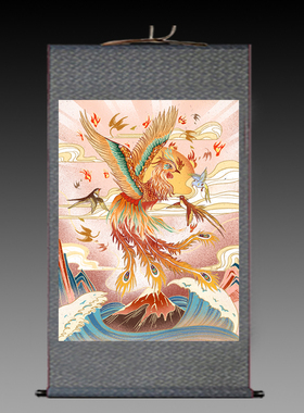 百鸟朝凤丝绸画丹凤朝阳卷轴画现代客厅玄关装饰画凤凰花鸟挂绘画