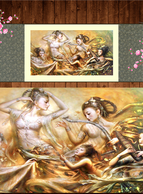 锦渊坊敦煌飞天壁画客厅装饰画绢布卷轴画仙女丝绸画挂画定制定做